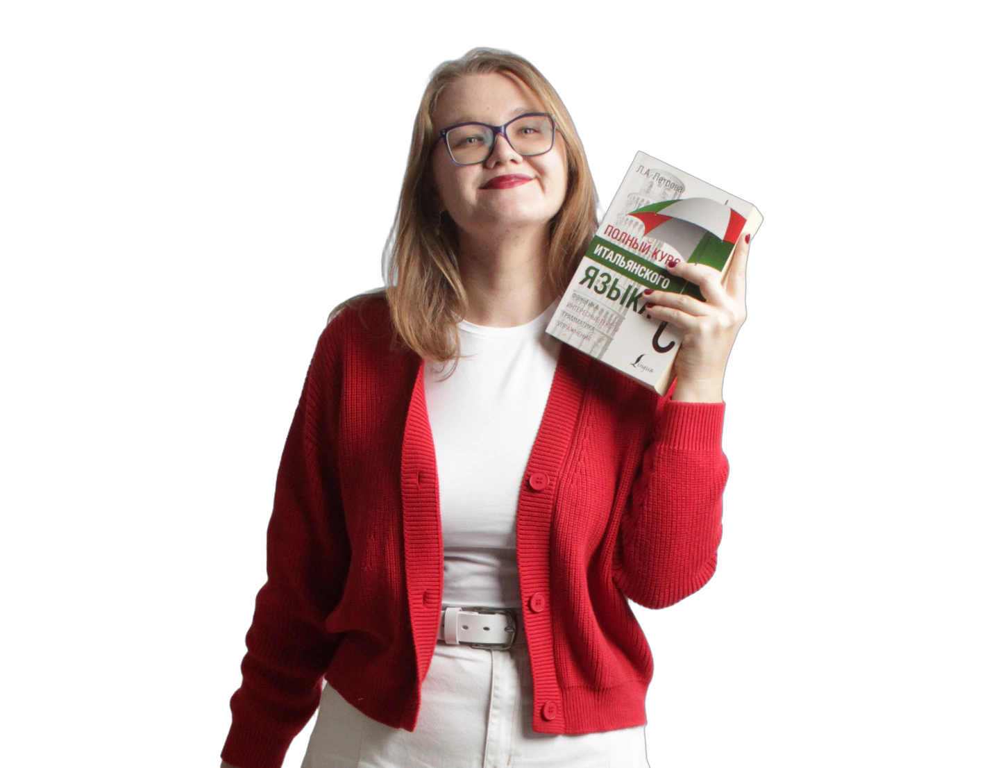 Viktoria Laskina smiling and holding an Italian coursebook.