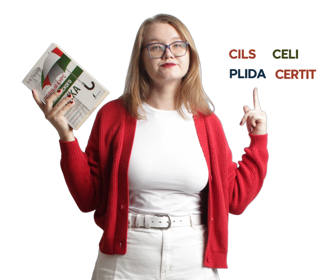 Viktoria Laskina holding an Italian coursebook and pointing to Italian certification names: CILS, CELI, PLIDA and Certit.