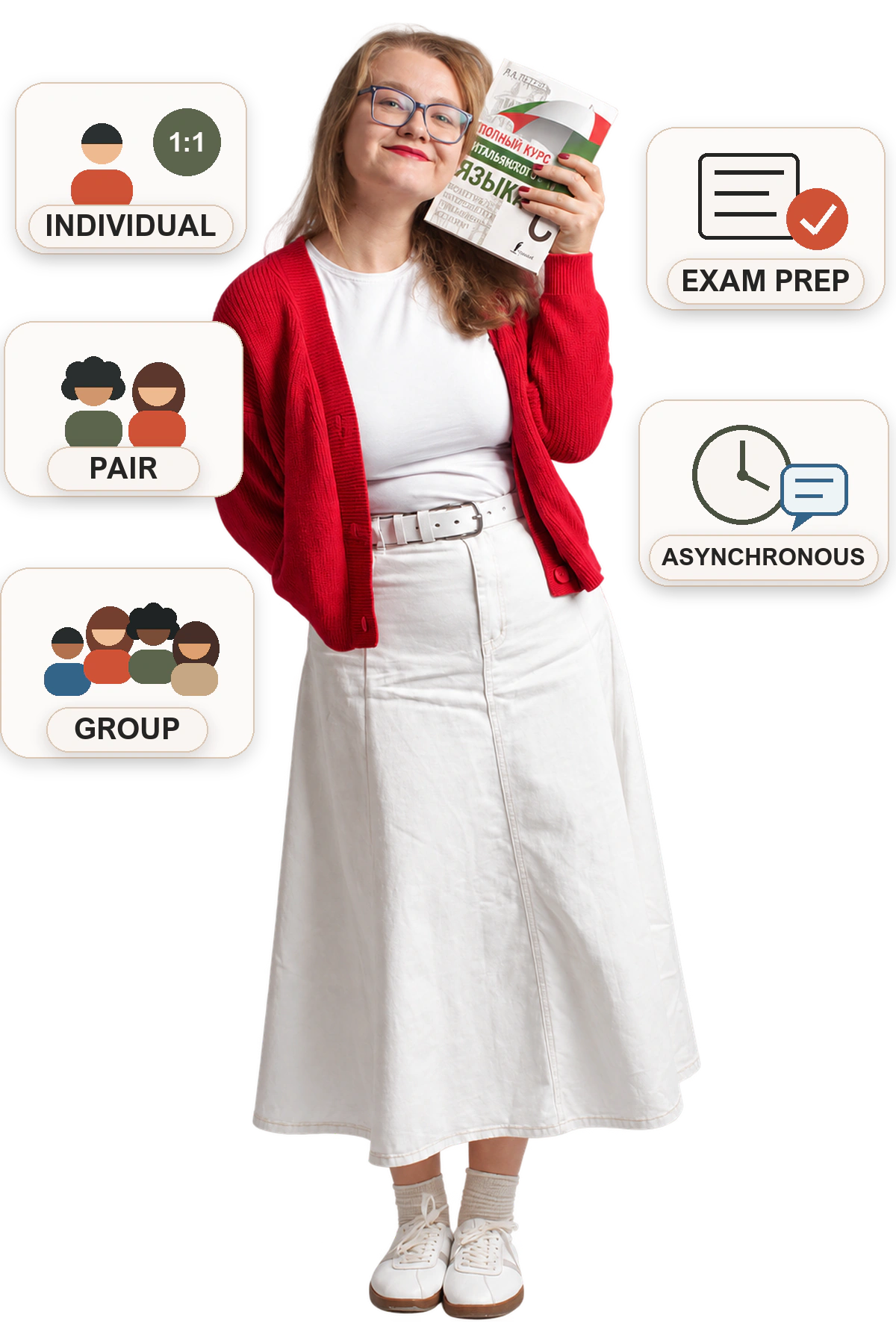 Viktoria Laskina with symbols for individual, pair, group, exam preparation and asynchronous Italian lessons.