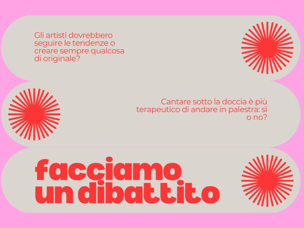 A bright "facciamo un dibattito" slide with two debate prompts in Italian to argue for or against during the lesson.