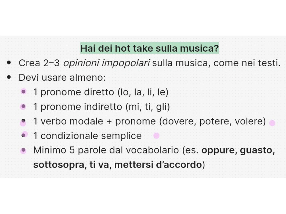 The homework set at the end of the lesson: write two or three "hot takes" about music, using the pronouns, modal verbs and vocabulary covered that day.