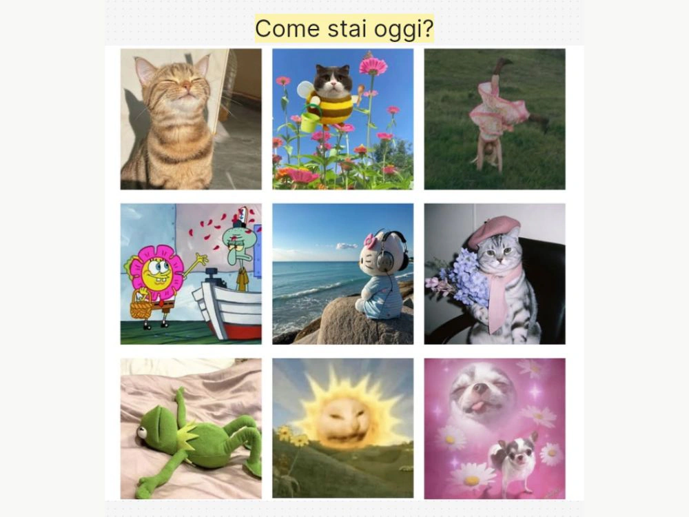 A warm-up slide asking "Come stai oggi?" with nine playful pictures to choose from as a way to start the lesson in Italian.