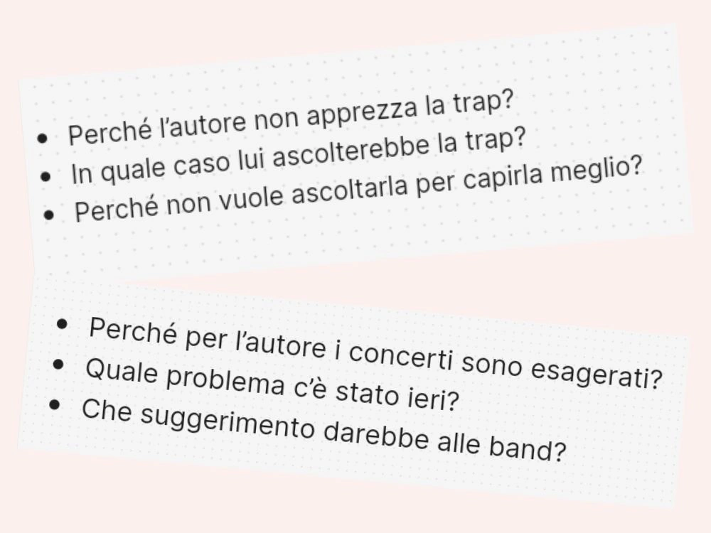 Comprehension questions in Italian about the lesson text, written on two cards on the shared whiteboard.