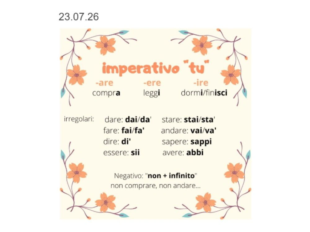An example of lesson notes summarising how to form the Italian informal imperative.