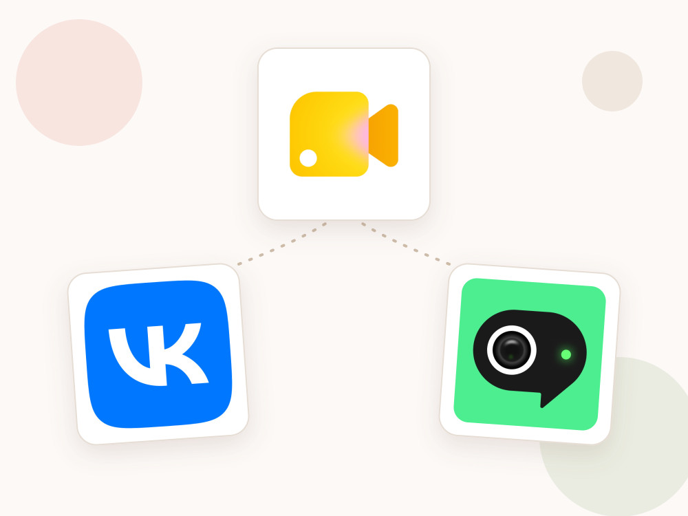 The logos of Google Meet, VKontakte and Telemost arranged as three connected app tiles.