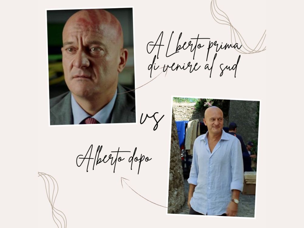 A lesson slide comparing the main character of the Italian film "Benvenuti al Sud" before and after moving to the south of Italy.
