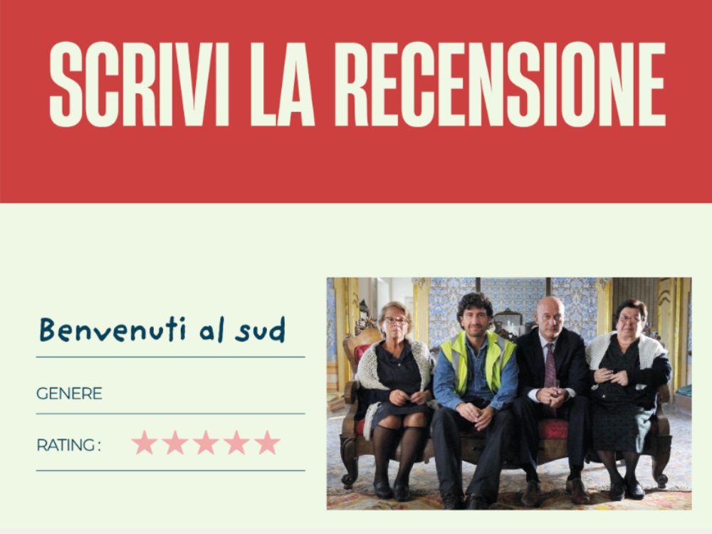 A writing task built from the film "Benvenuti al Sud": write a review of it, with fields for the genre and a star rating.