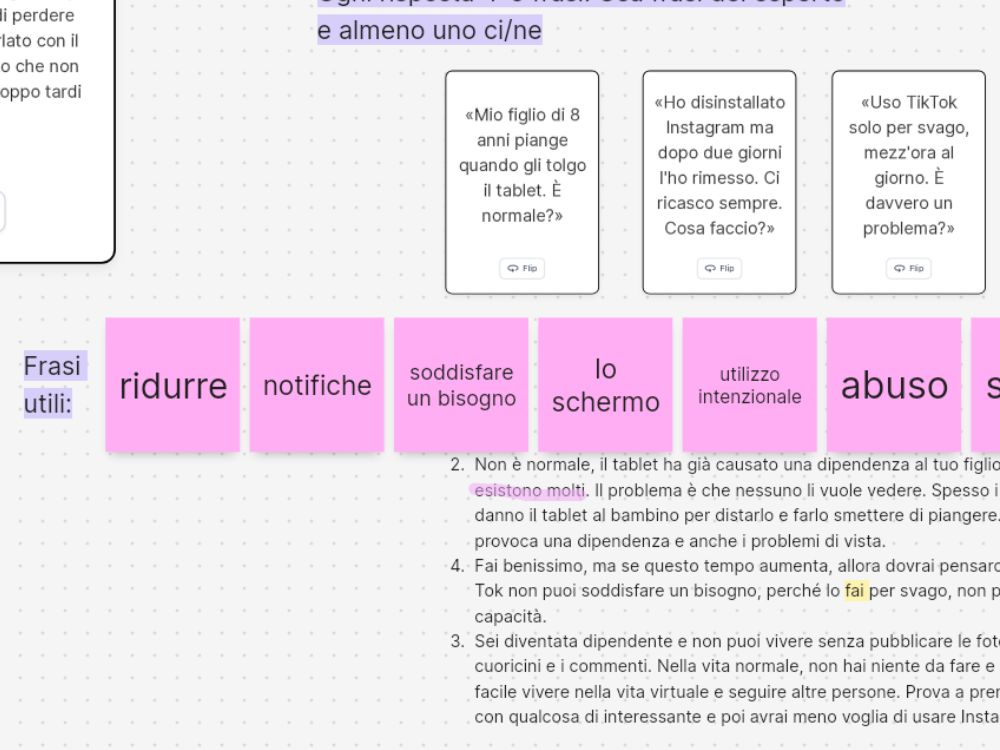 A close-up of the whiteboard: a writing task about technology, asking for answers of four or five sentences, with useful phrases on pink sticky notes.