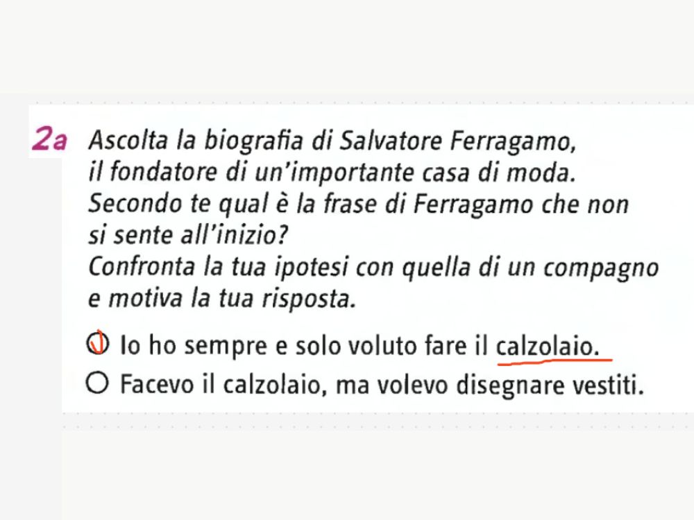 A listening exercise on the whiteboard: a task about Salvatore Ferragamo with the correct answer circled in red.