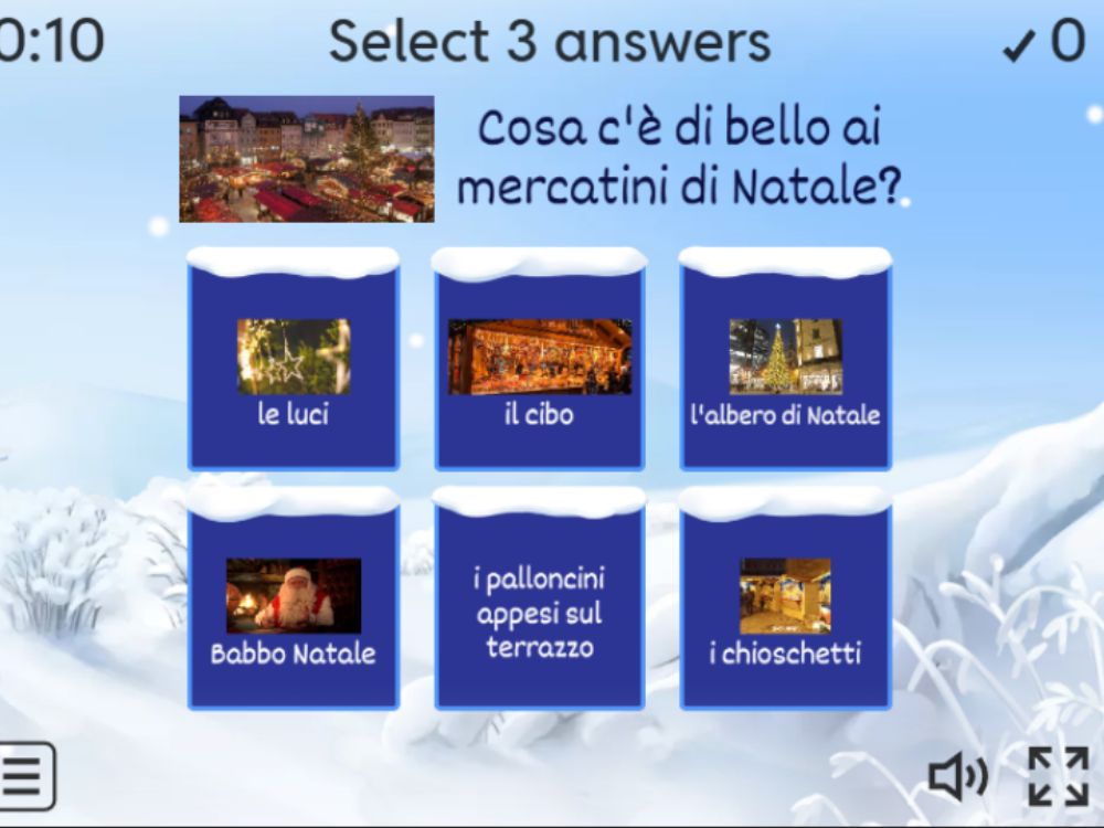 A Wordwall multiple-choice quiz asking what is best about Italian Christmas markets, with six illustrated answers to choose from.
