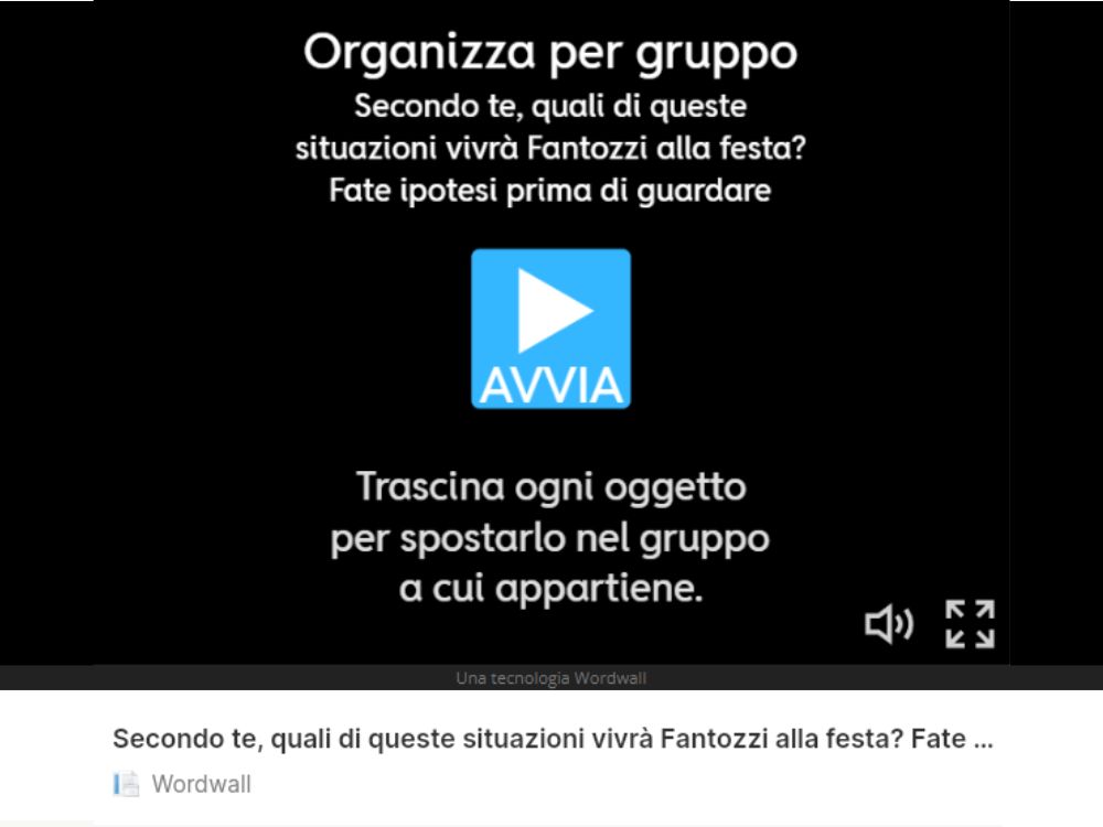 A Wordwall "organise by group" activity built for a lesson on the Italian film Fantozzi, with items to drag into the right group.